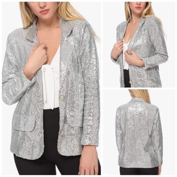 Anna Kaci Silver Sequin Sparkle Shiny Blazer. Size XL - Picture 1 of 8
